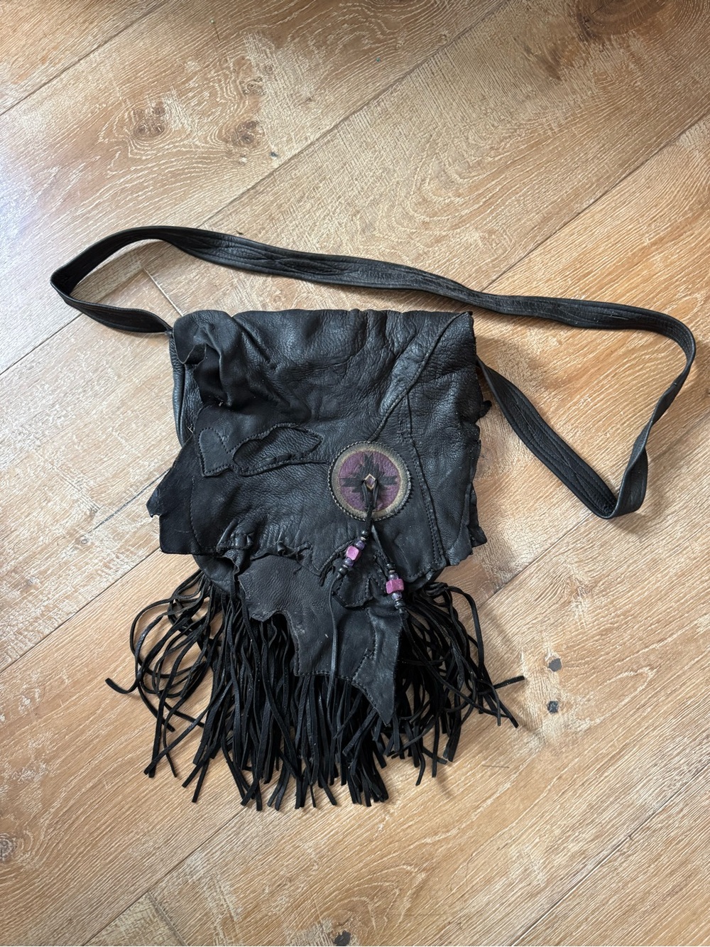Black Fringe Leather Crossbody Bag, Native American Designer